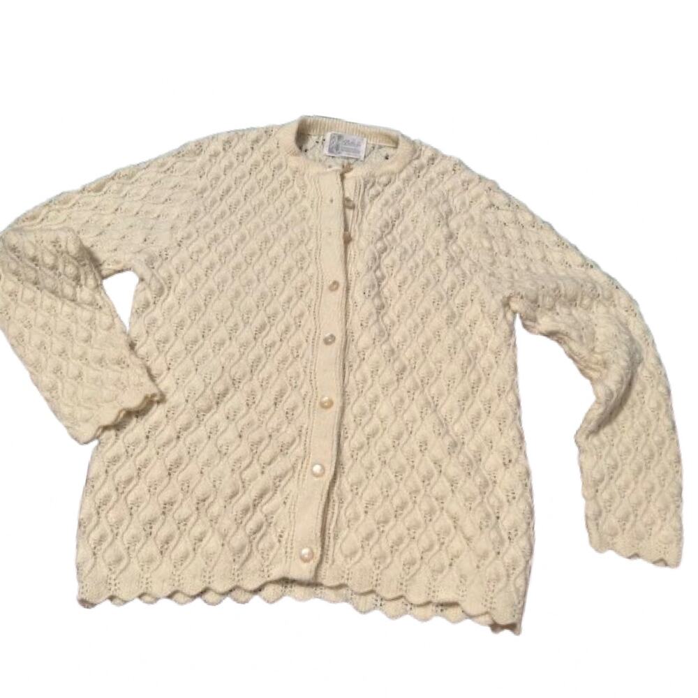 Vintage 1970s Neutral Beige Eyelet Button Up Cardigan Sweater / Medium